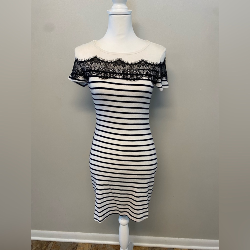 Striped Black and White Lace Detail form fitting  above the knee Dress